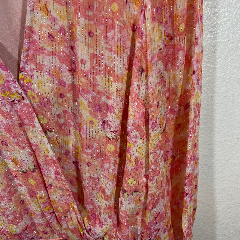 ROCOCO SAND Faye Pink Metallic Floral Wrap Bodysuit - Picture 6 of 10